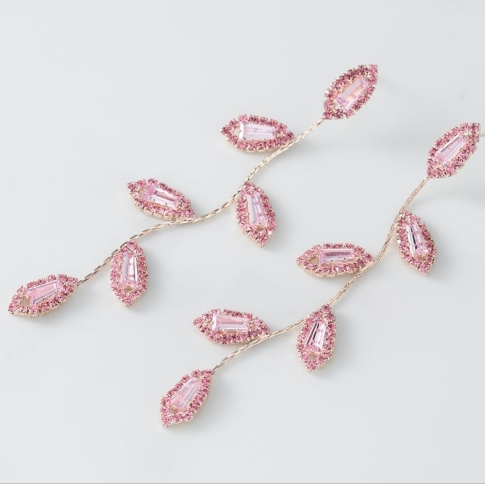 Pink Crystal Leaves Pave Rhinestone Gold Earrings Leaf Vine Long Bridesmaids